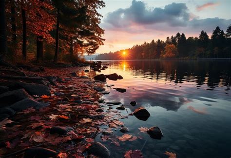 Premium Photo | Sunrise with Leaves in the Lake in Autumn