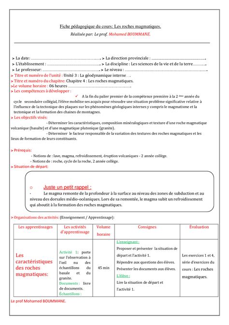 La Formation Des Roches Magmatiques Fiche P Dagogique Alloschool