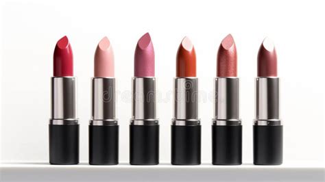 Row Of Lipstick In Varying Shades On White Background Stock