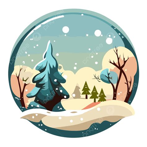 Snow Scene, Sticker Clipart Tree Forest And Winter Scene In A Snow Globe Vector Cartoon, Sticker ...