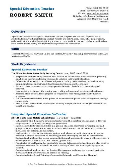 Special Education Teacher Resume Samples Qwikresume