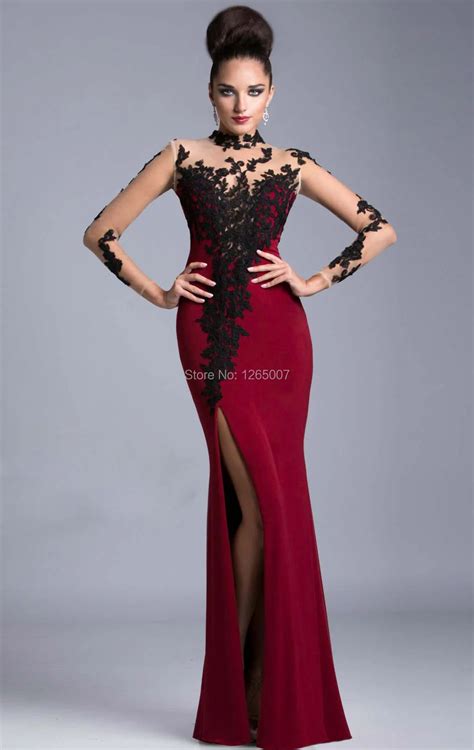 Buy Hot Prom Gowns High Neck Long Sleeves Black And Red Mermaid Prom Dresses