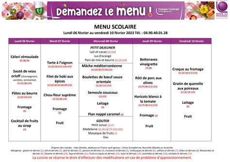 Les menus de la cantine du 6 au 10 février Communauté de Communes