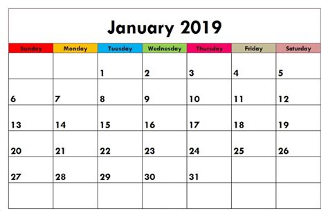 January 2019 Calendar Printable Templates January Calendar Medium