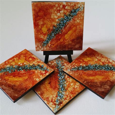 Original Alcohol Ink Art On Tile Coasters Set Of 4 By Colordive