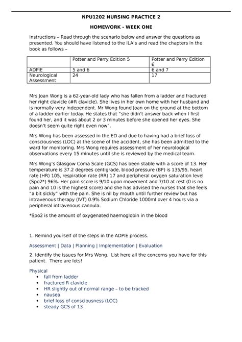 Homework Week 1 Npu1202 Nursing Practice 2 Homework Week One Instructions Read Through The