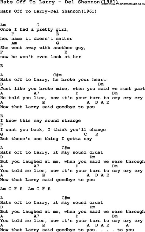 Song Hats Off To Larry by Del Shannon(1961), song lyric for vocal ...