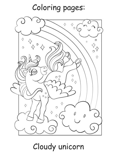 Lindo Unicornio Con Alas Volando En El Cielo Para Colorear Vector