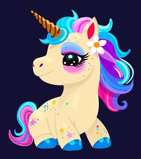 Bebé Unicornio Con Brillante Pelo Y Cola Y Dorado Bocina Ilustración Aislado En Oscuro