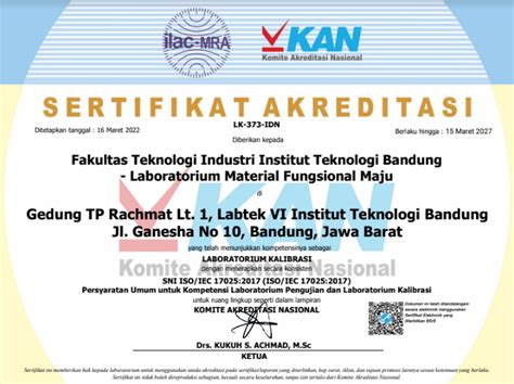 Laboratorium Material Fungsional Maju Memperoleh Akreditasi Kan Sebagai