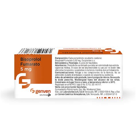 Bisoprolol Fumarato 5mg 20 Comprimidos Genven