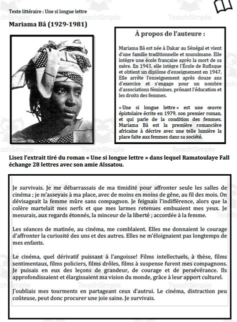 French Literary Text Mariama Bâ By Teach Simple