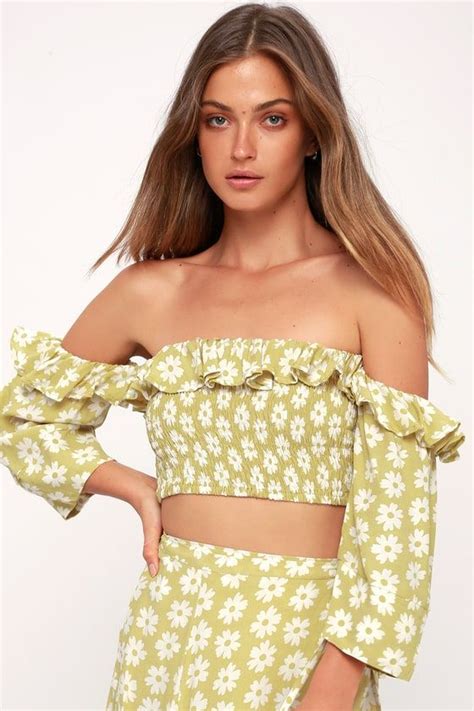 Sybil Washed Green Floral Print Off The Shoulder Crop Top Crop Tops