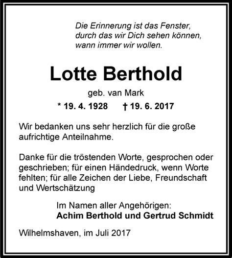 Traueranzeigen Von Lotte Berthold Nordwest Trauer De