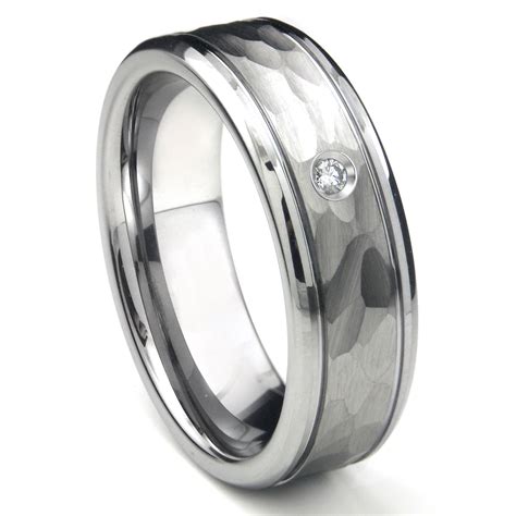 Tungsten Carbide Diamond Hammer Finish Newport Mens Wedding Band Ring