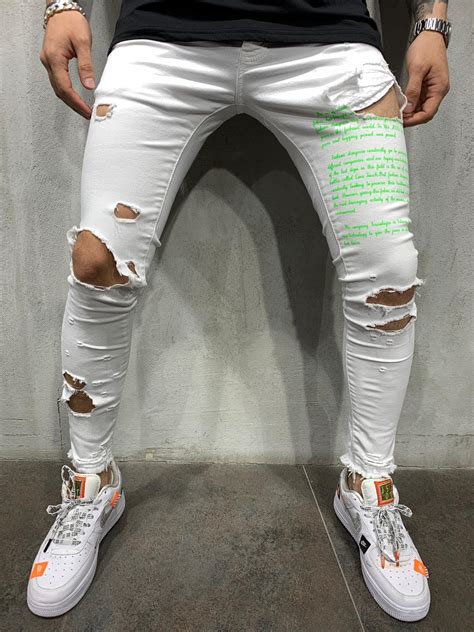 White Ripped Jeans Neon Green Type Print White Ripped Jeans Ripped Jeans Men Ripped Jeans