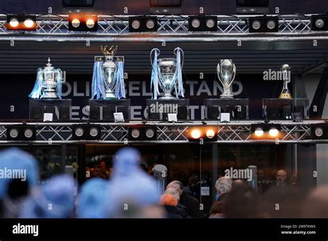 Manchester City's 2023 trophy collection on display outside the ground ...