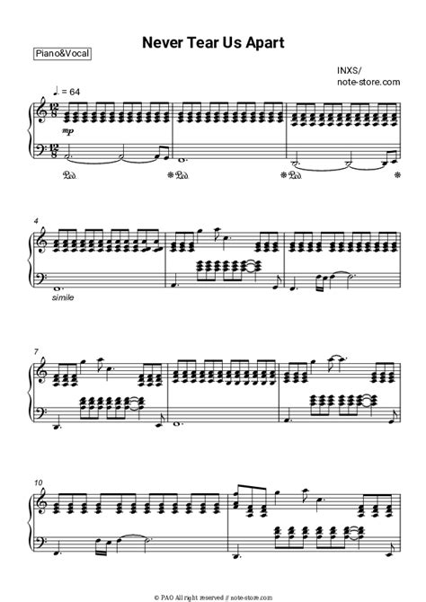 Never Tear Us Apart Piano Sheet Music And Voice Inxs In Note Store