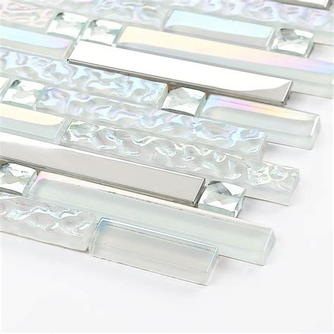 Iridescent White Glass Tile Wave Pattern Silver Stainless Steel Glossy