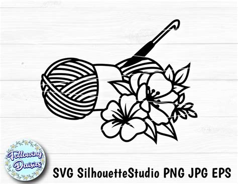 Crochet Svg Ball Of Floral Yarn Crochet Hook Crafting Etsy