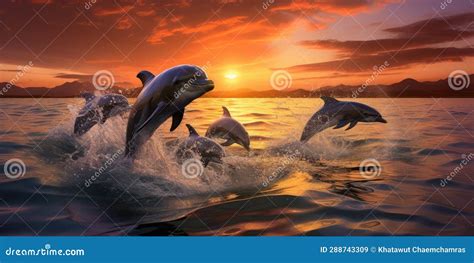 Group of Dolphins Frolicking in Harmonious Leaps Against Sunset Backdrop - Majestic Aquatic ...