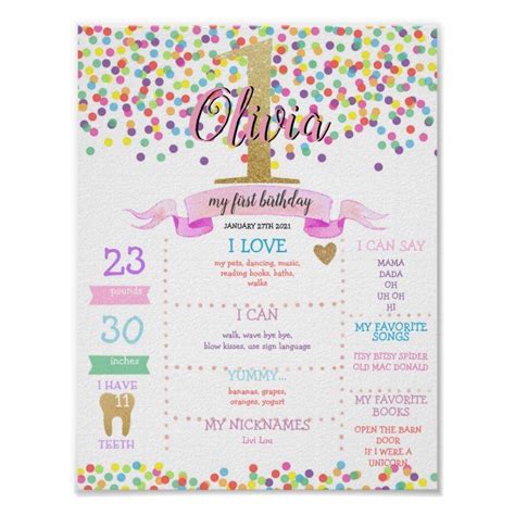 Rainbow Confetti Girl First Birthday Milestone Poster Zazzle