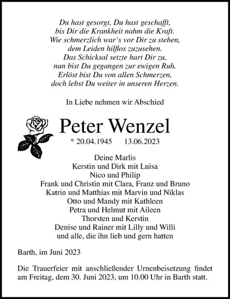 Traueranzeigen Von Peter Wenzel Trauer Anzeigen De