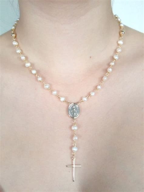 Gold Rosary Necklace Delicate White Freshwater Pearl Rosary