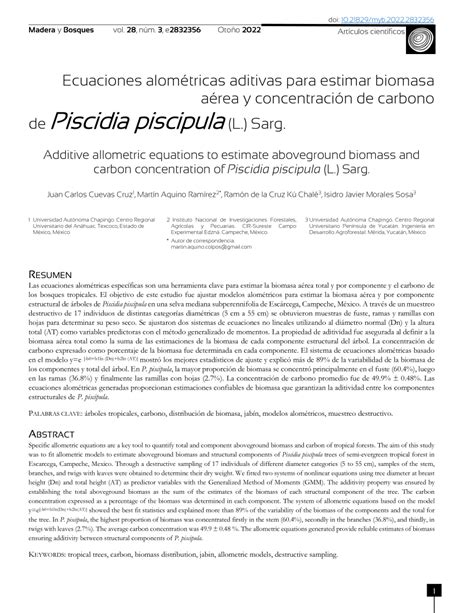 PDF Ecuaciones alométricas aditivas para estimar biomasa aérea y