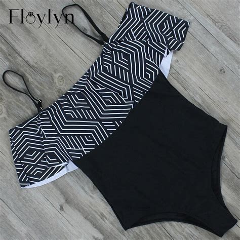 Floylyn Sexy Off The Shoulder Halter Printing Swimwear Women One Piece