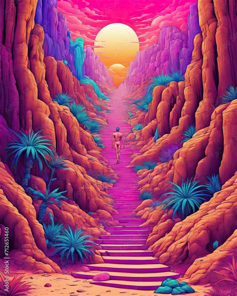 Psychedelic Surrealism Illustration Of A Close Up Staircase Nude Man And Angel In A Mystical