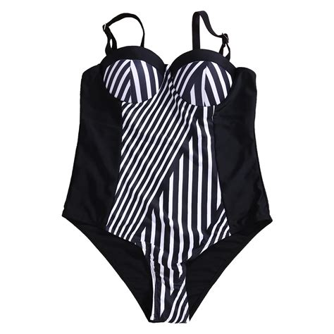 Women Plus Size Push Up Padded Monokini One Piece Bikini Swimsuit Swimwear High Waist Striped