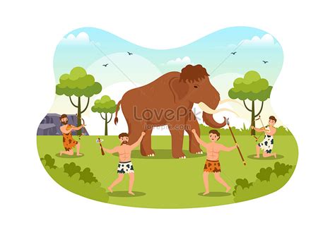 Prehistoric Stone Age Tribes Hunting Large Animals Illustration