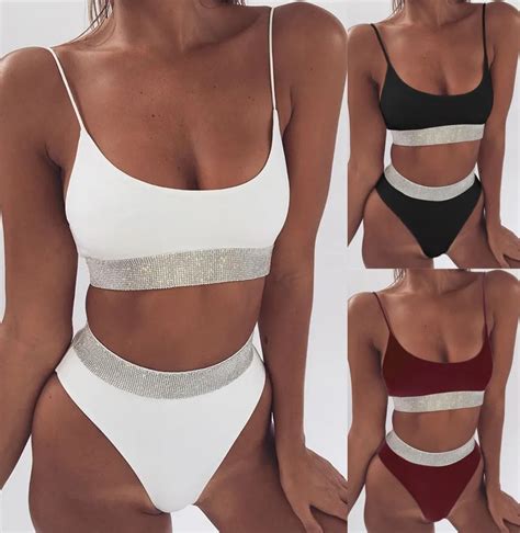 New White Red Black Sequins Swimwear Women High Waist String Bikini Set Sexy Push Up
