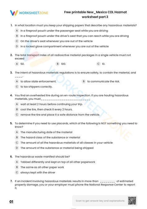 Free Printable New Mexico CDL Hazmat Worksheet Part 3