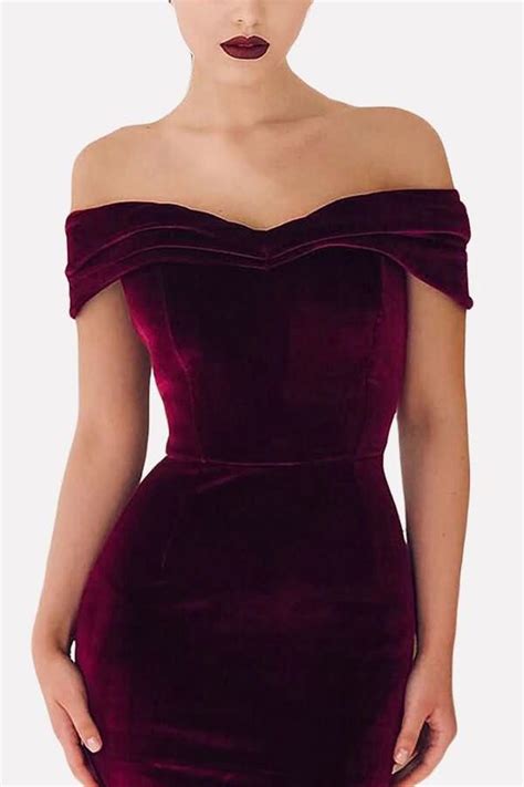 Dark Red Off Shoulder Chic Short Sleeve Sexy Bodycon Velvet Dress