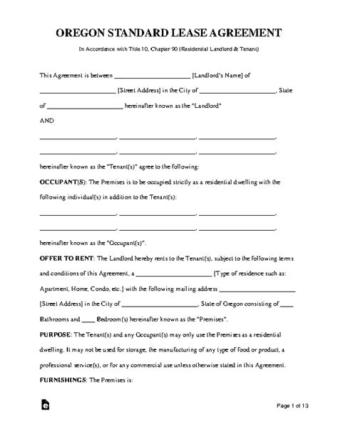 Oregon Standard Lease Agreement Template Pdfsimpli