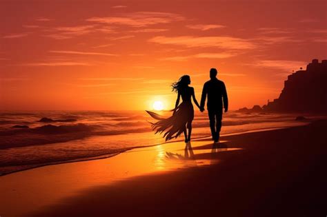 Premium AI Image | walking couple silhouette on beach sunset