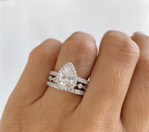 Ct Pear Shape Moissanite Halo Engagement Ring Set Diamond Etsy