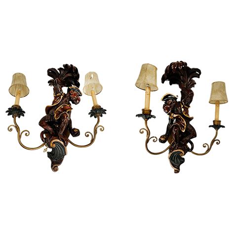 Pair Of Two Arm Wall Light Sconces With Monkey Figures At 1stdibs