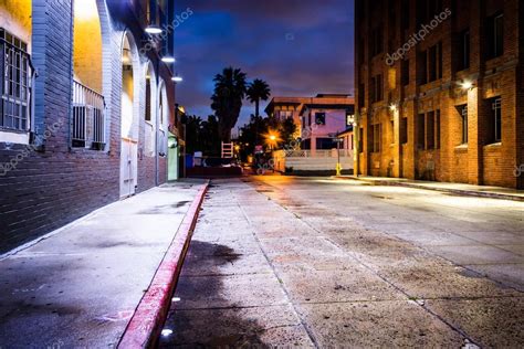 A dark street at night, in Venice Beach, Los Angeles, California ...