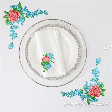 Roses And Forget Me Nots Corners Machine Embroidery Set Sizes