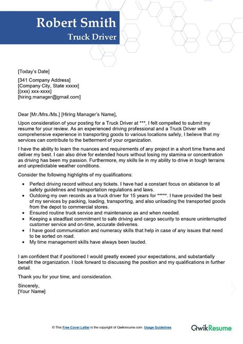 Free Truck Driver Cover Letter Template