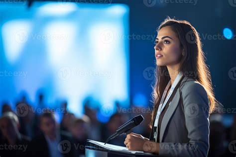 joven mujer dando un hablar a un conferencia en un brillante etapa con