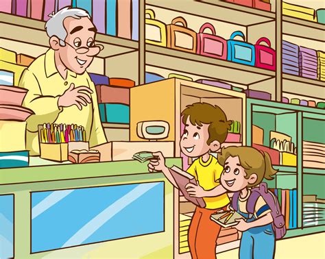 Niños Comprando Para La Escuela Del Vector De Dibujos Animados De