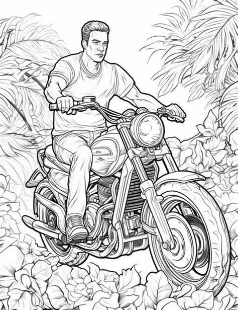 Coloriages D un Homme Conduisant Une Moto à Travers La Jungle Ai