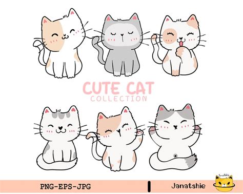 Cute Kitten Cat Clipart Set Funny Adorable Cartoon Hand Drawing Doodle Eps Png Set Etsy