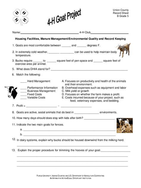 Fillable Online Extension Purdue Union County 4 H Record Sheets