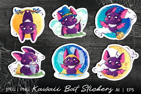 Kawaii Halloween bat Stickers | Halloween sticker pack By Boo Guevara Shop | TheHungryJPEG