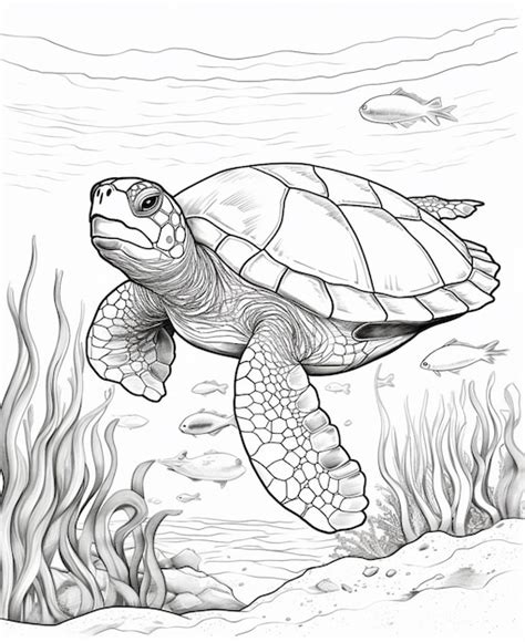 Un dibujo en blanco y negro de una tortuga nadando en el océano ai